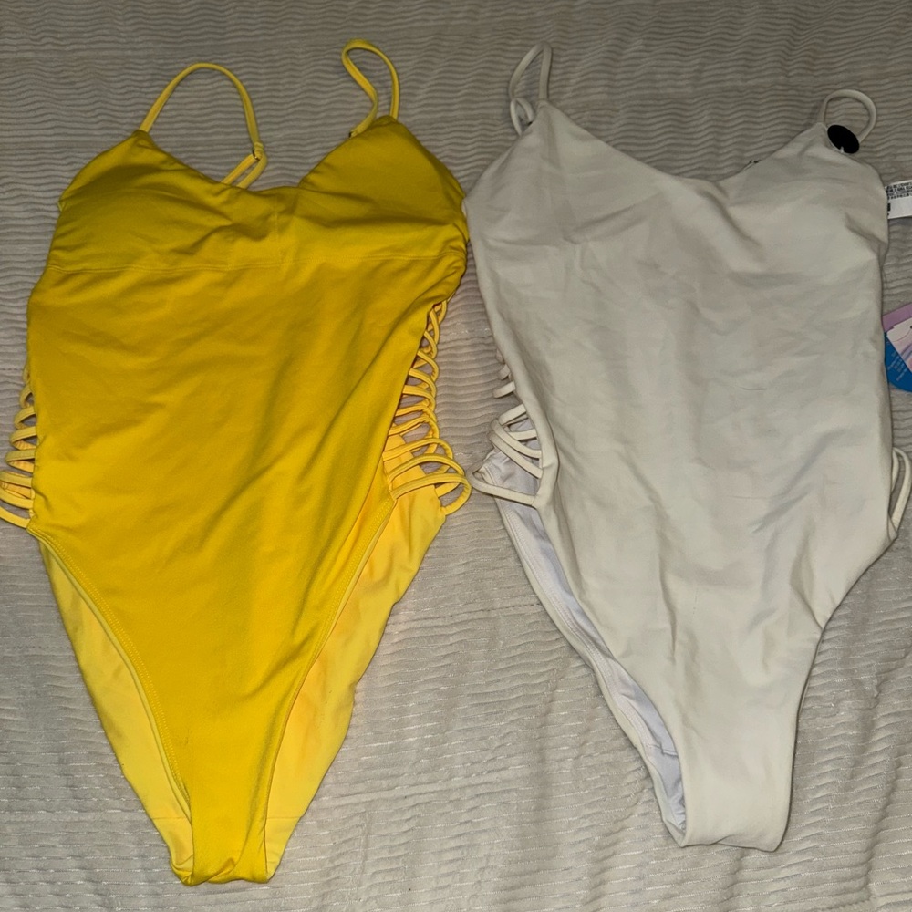 Vibrant Yellow and Classic White One Piece Swimsuits with Thin Straps